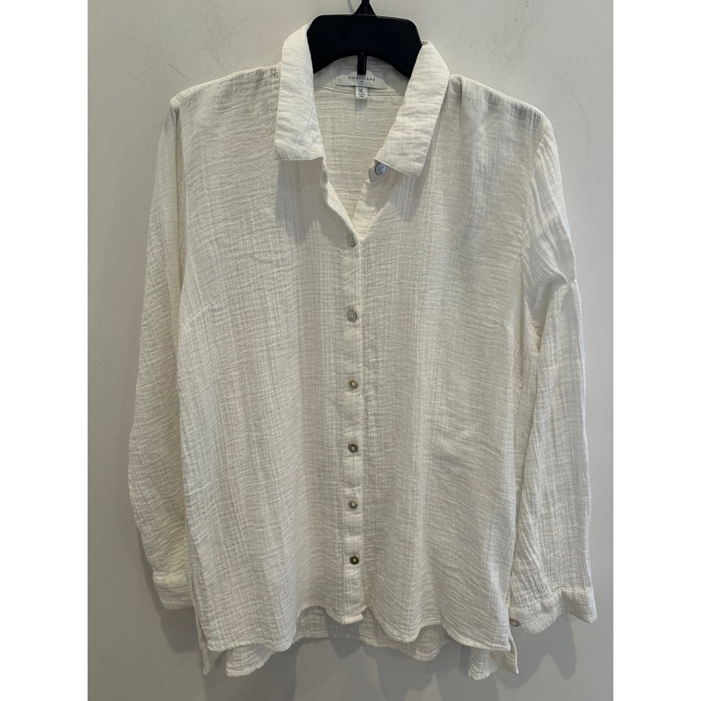 New Directions White Cotton Gauze Button Down Shirt XL Long Sleeve Side Buttons